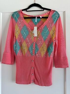 lISLII Coral Turquoise Argyle Sequin Swarovski Crystal Button Cardigan Small